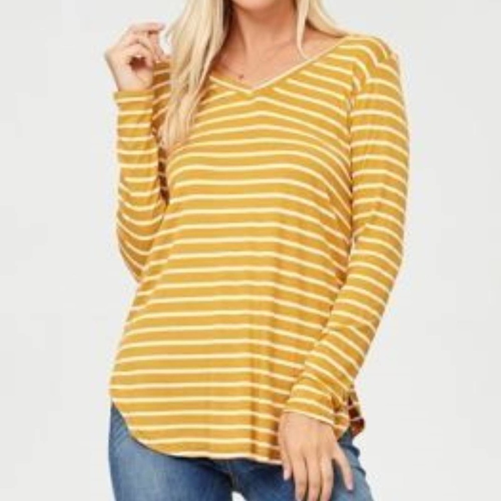 Mustard Yellow & Ivory Stripe Long Sleeve Top - M - Picture 1 of 2